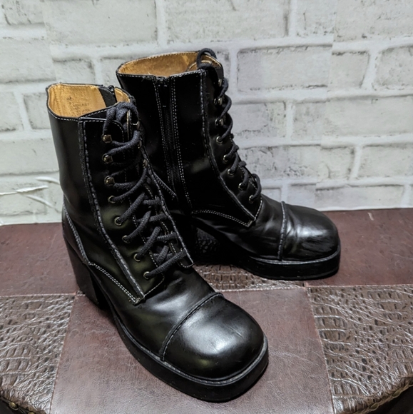 Frye Vintage Y2K Villager Boot Lace Up Zip Stitch 70's Chunky Heel Black Size 9 - Picture 15 of 15